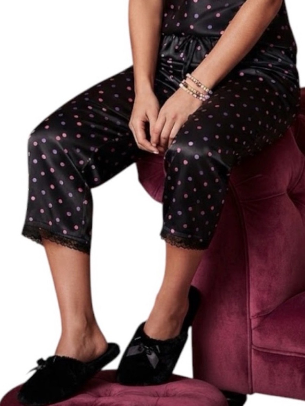 LA SENZA Black Pink Polka Dot Cropped PJ Pants Lace Trim Size S